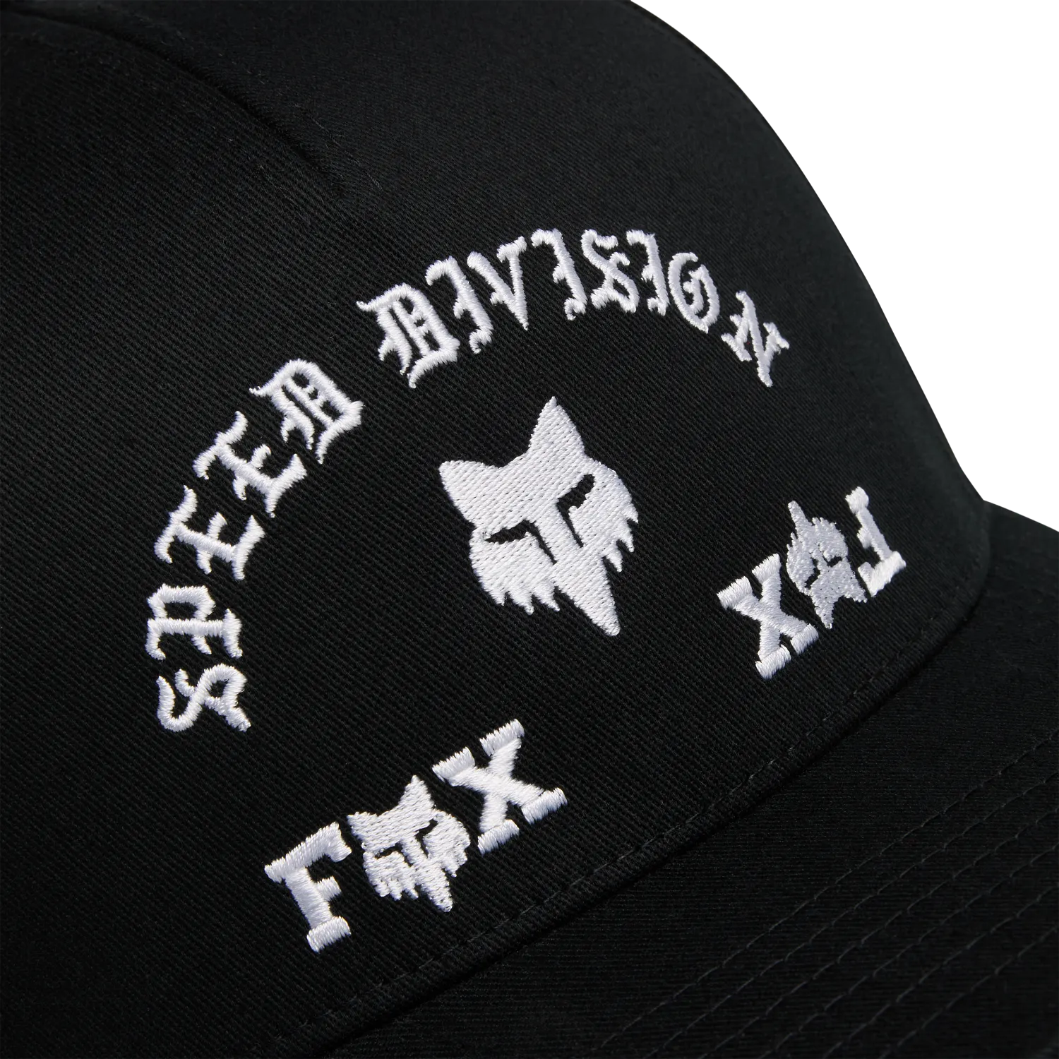 Close-up of the ICON FLEXFIT HAT (Black) | FOX RACING featuring embroidered Speed Division graphics.