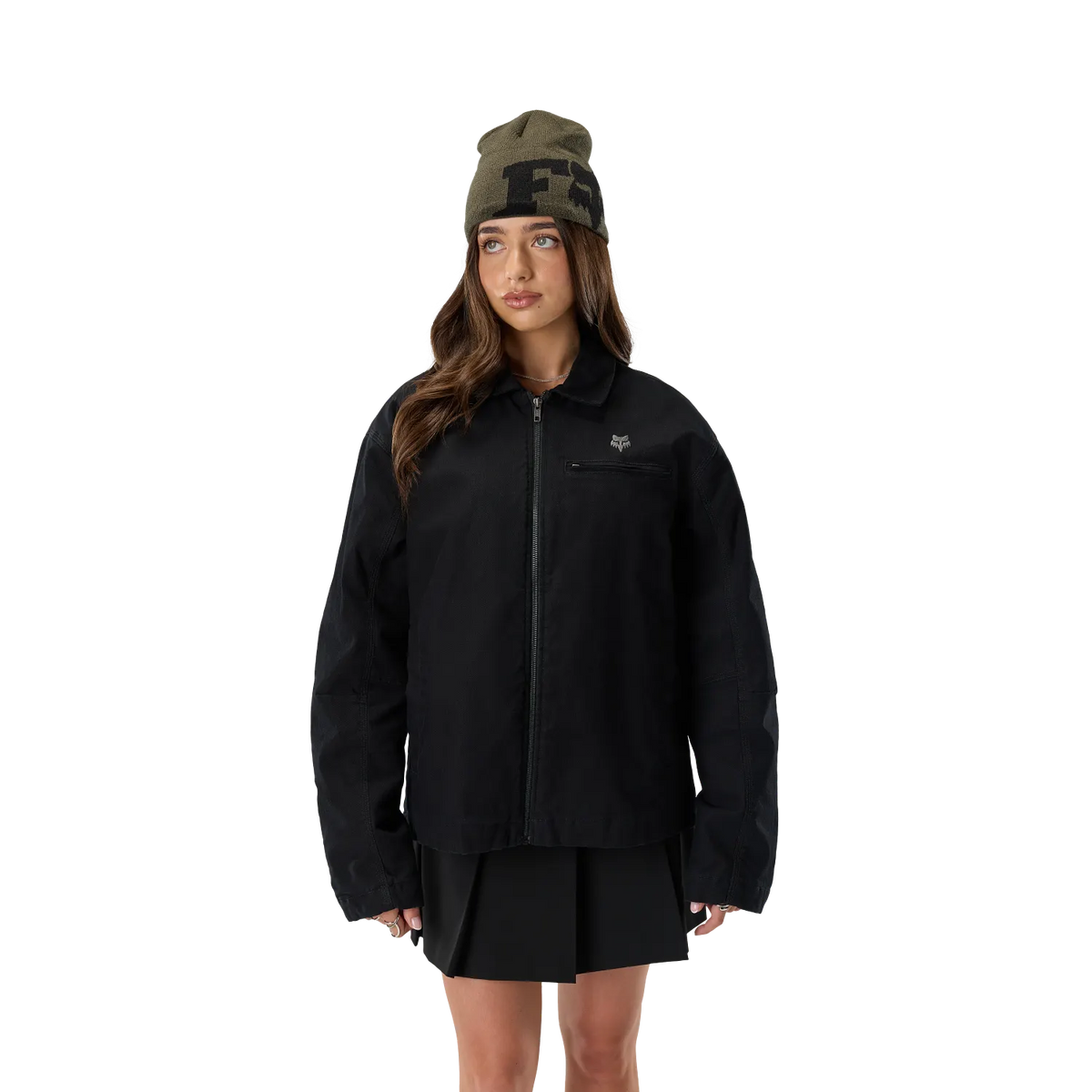 Woman wearing FOXHEAD X JACQUARD BEANIE (OLV GRN) | Fox Racing with black jacket.