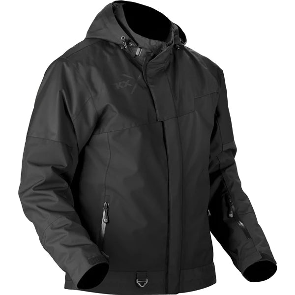 MENS CONQUER JACKET (BLACK) | CKX showcasing a sleek black design with a hood and multiple zippered pockets.