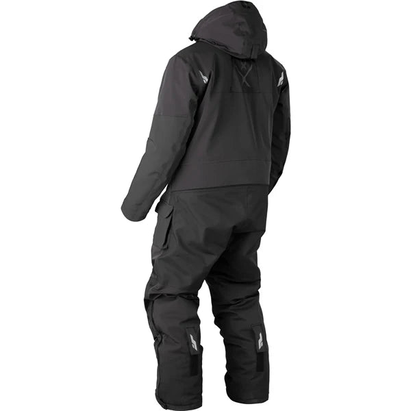 MENS YUKON (BLACK) | CKX back view of insulated outdoor suit featuring removable hood and cargo-style pockets.