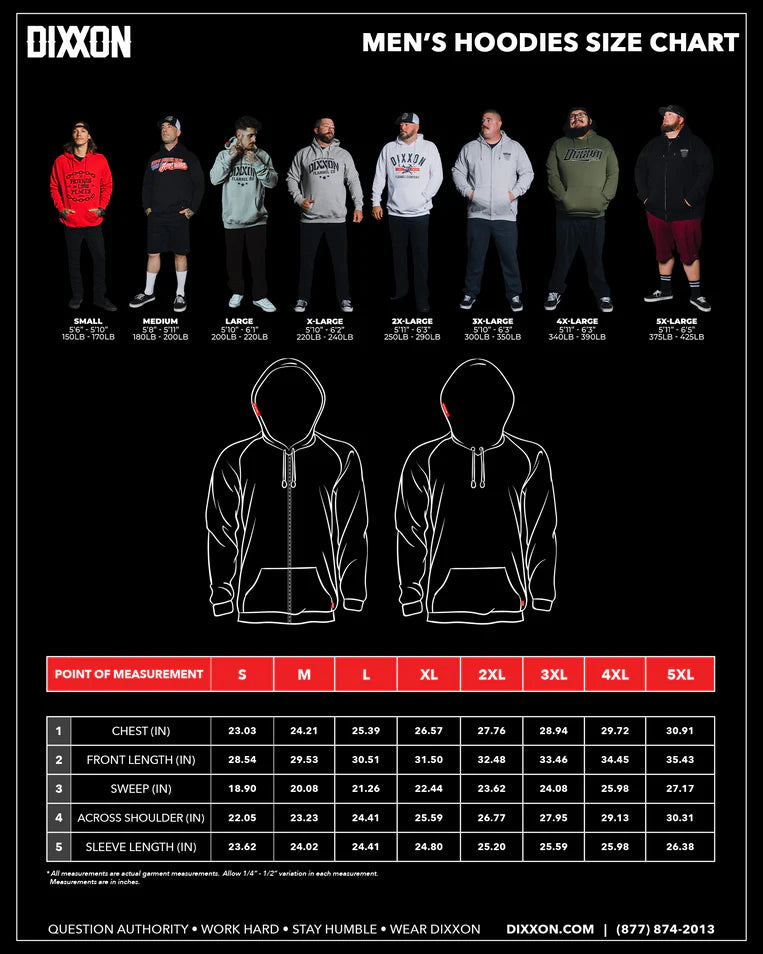 MEN'S WITCHING HOUR HOODIE (Black/Blue) | DIXXON size chart with measurements and model sizes