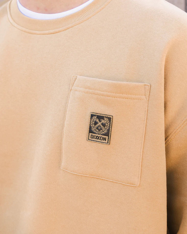 MEN'S POCKET CREWNECK (Khaki) | DIXXON featuring a soft fleece interior and subtle branding on the chest pocket.
