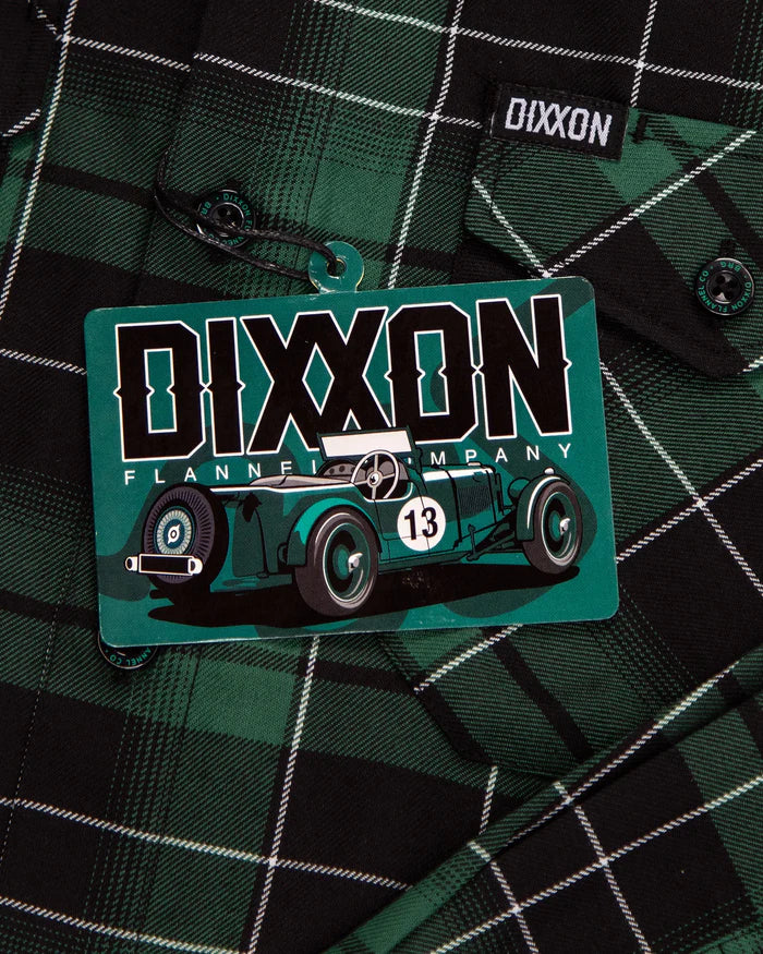 MEN'S BRG FLANNEL (Green/Black) | DIXXON label on classic plaid flannel shirt features a vintage car design and logo.