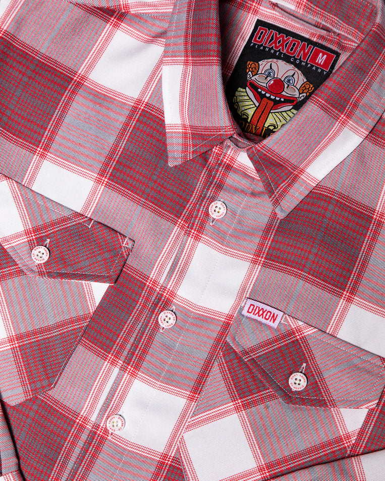 MEN'S HAPPY LAND FLANNEL (Red/White) | DIXXON close-up of red and white plaid shirt with buttons and logo