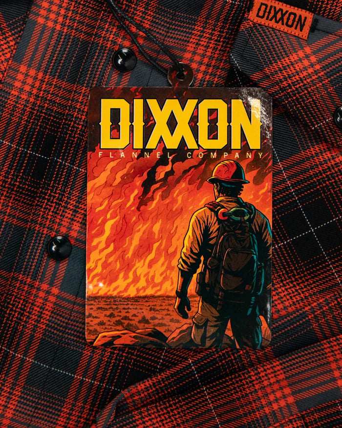 MEN'S THE FLAME FLANNEL (Orange/Black) | DIXXON tag with fire-themed graphic on plaid background.