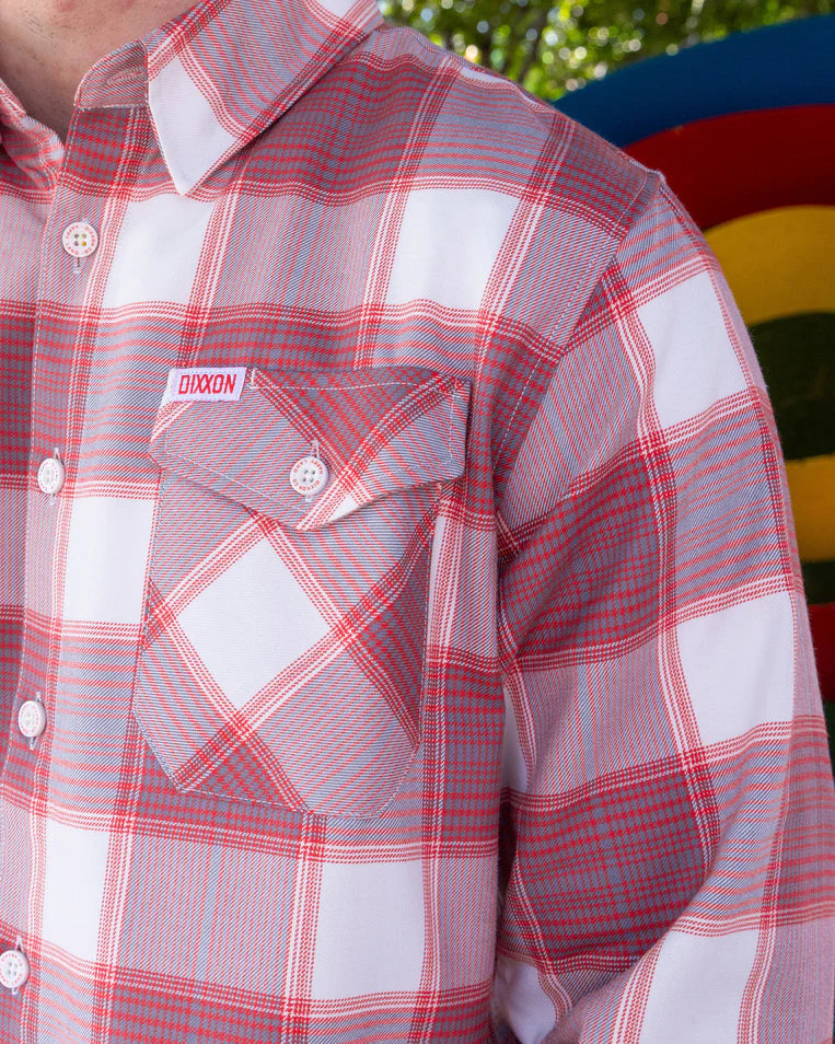 MEN'S HAPPY LAND FLANNEL (Red/White) | DIXXON close-up showing plaid pattern and logo.