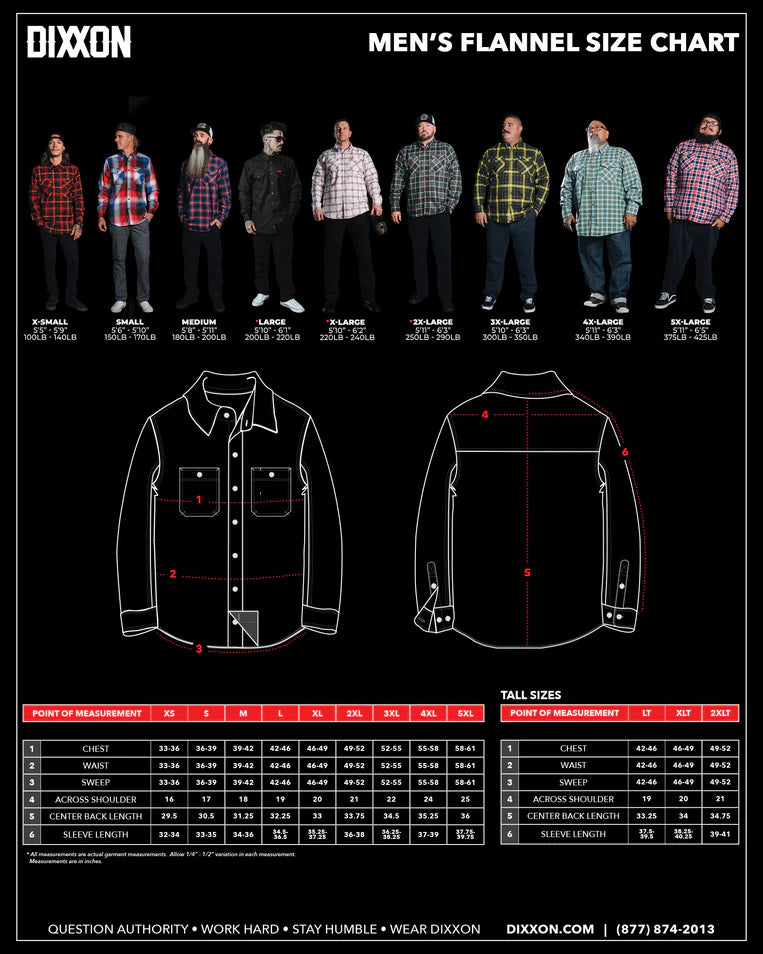 MEN'S HAPPY LAND FLANNEL (Red/White) | DIXXON size chart with models and measurement details.