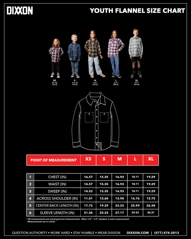 YOUTH HAPPY LAND FLANNEL (Red/White) | DIXXON Size Chart with measurements for kids flannel shirts.
