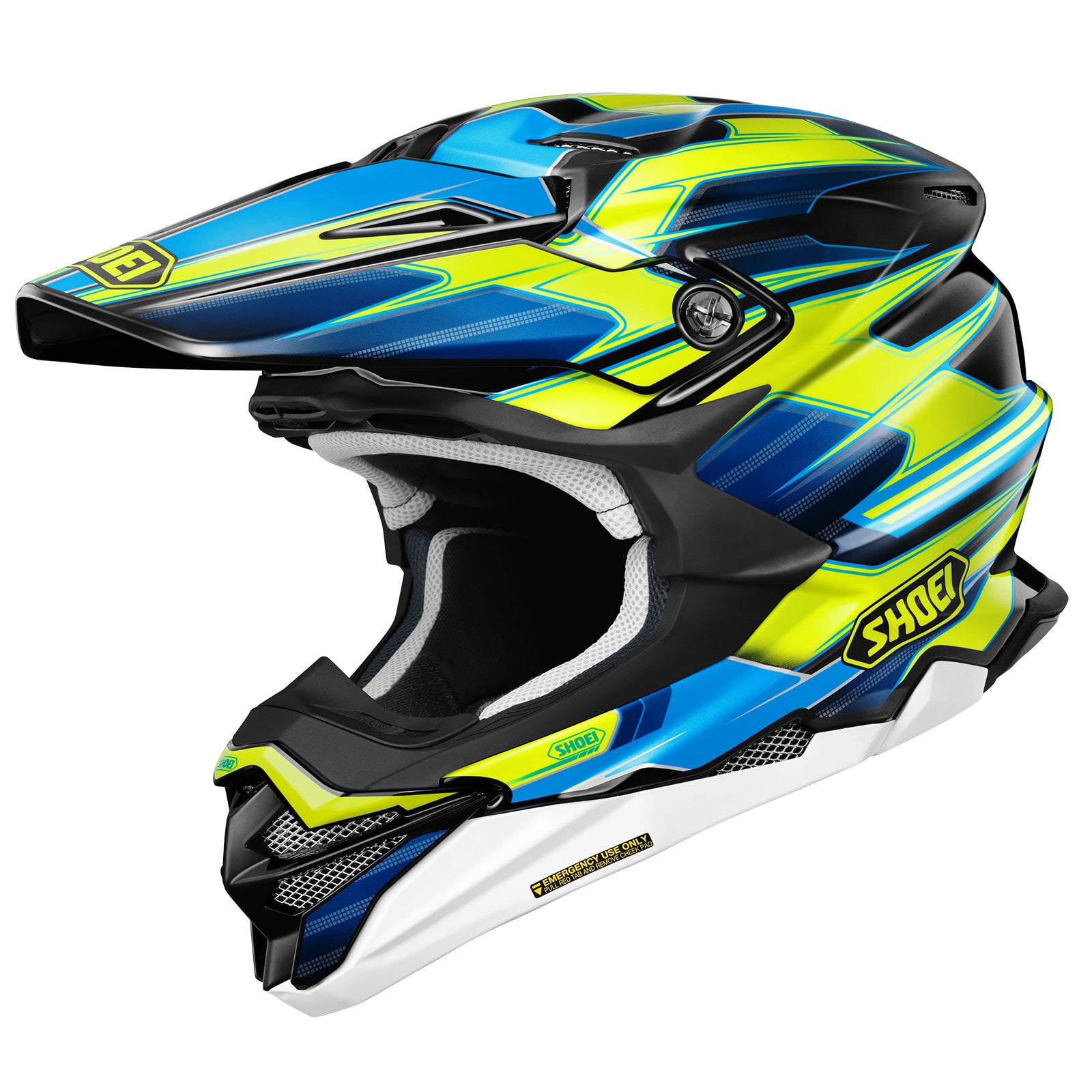 VFX-EVO OFF ROAD HELMET SPARKLE TC-3 | SHOEI in vibrant blue and yellow design, perfect for off-road adventures.