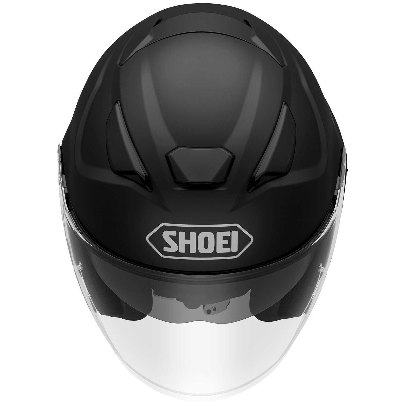 J-CRUISE 3 OPEN FACE HELMET (Matte Black) | SHOEI top view showcasing its sleek design and safety features.