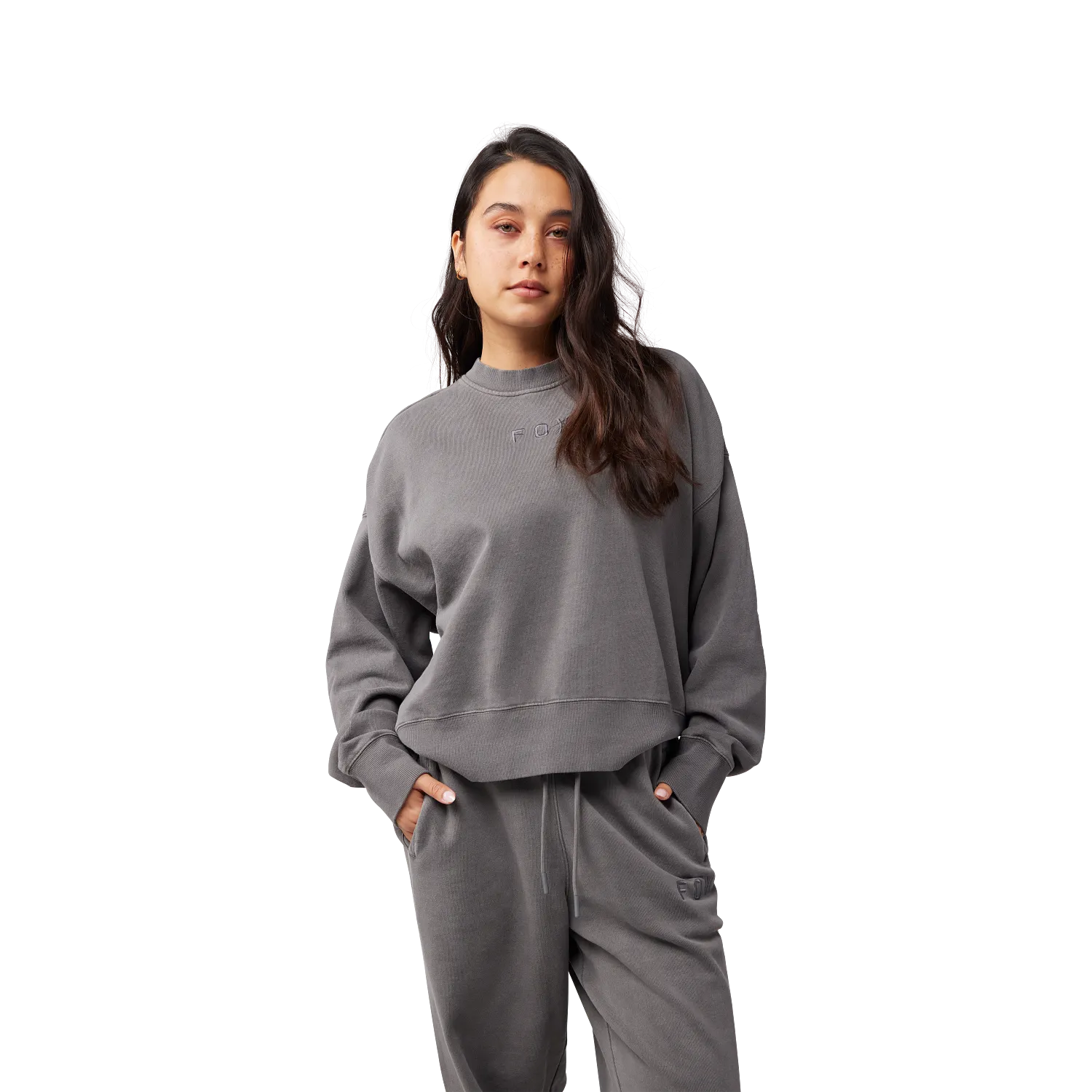 WOMEN'S WORDMARK OVERSIZED FLEECE CREW (Pewter Grey) | Fox Racing