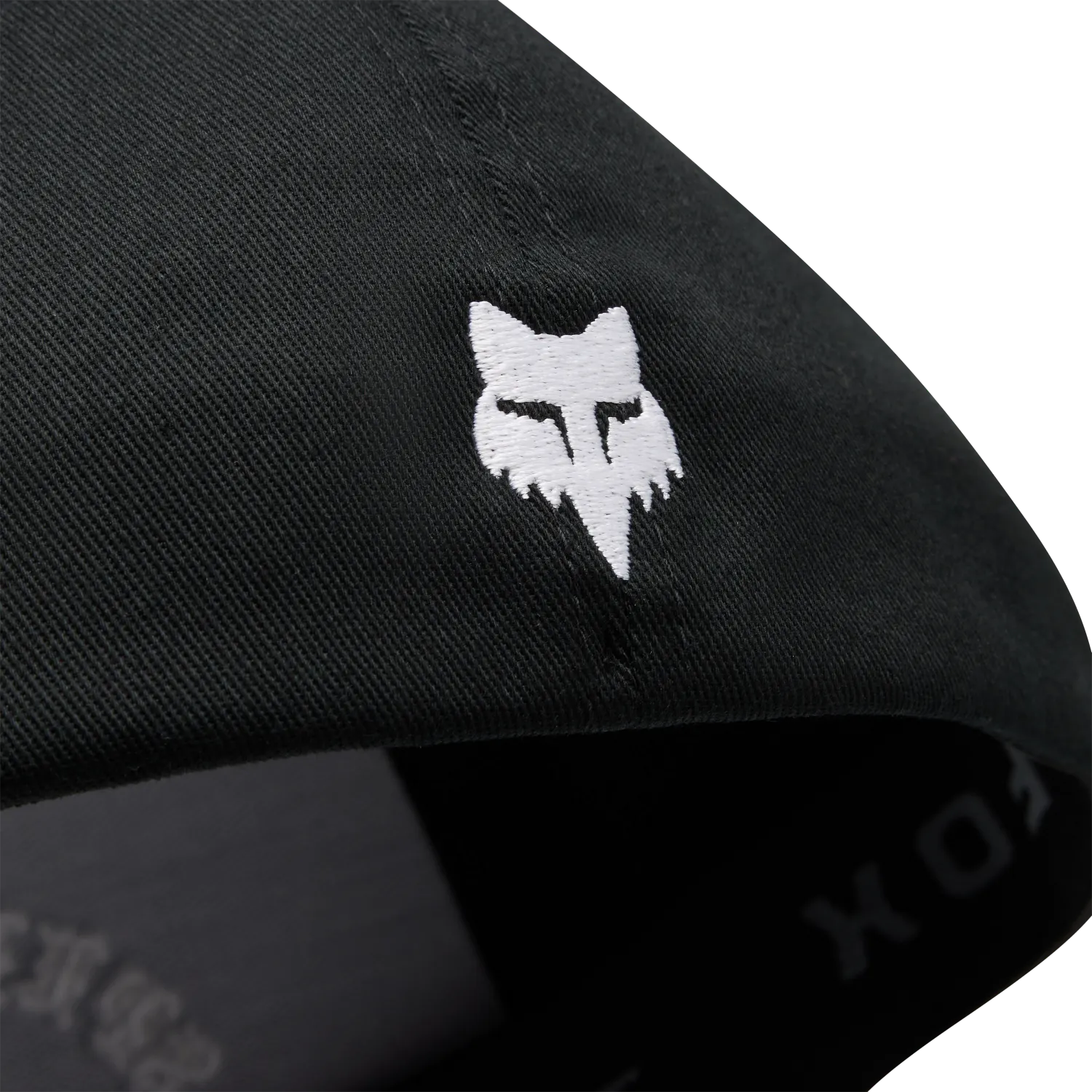 Embroidered logo detail of the ICON FLEXFIT HAT (Black) | FOX RACING, showcasing quality craftsmanship.