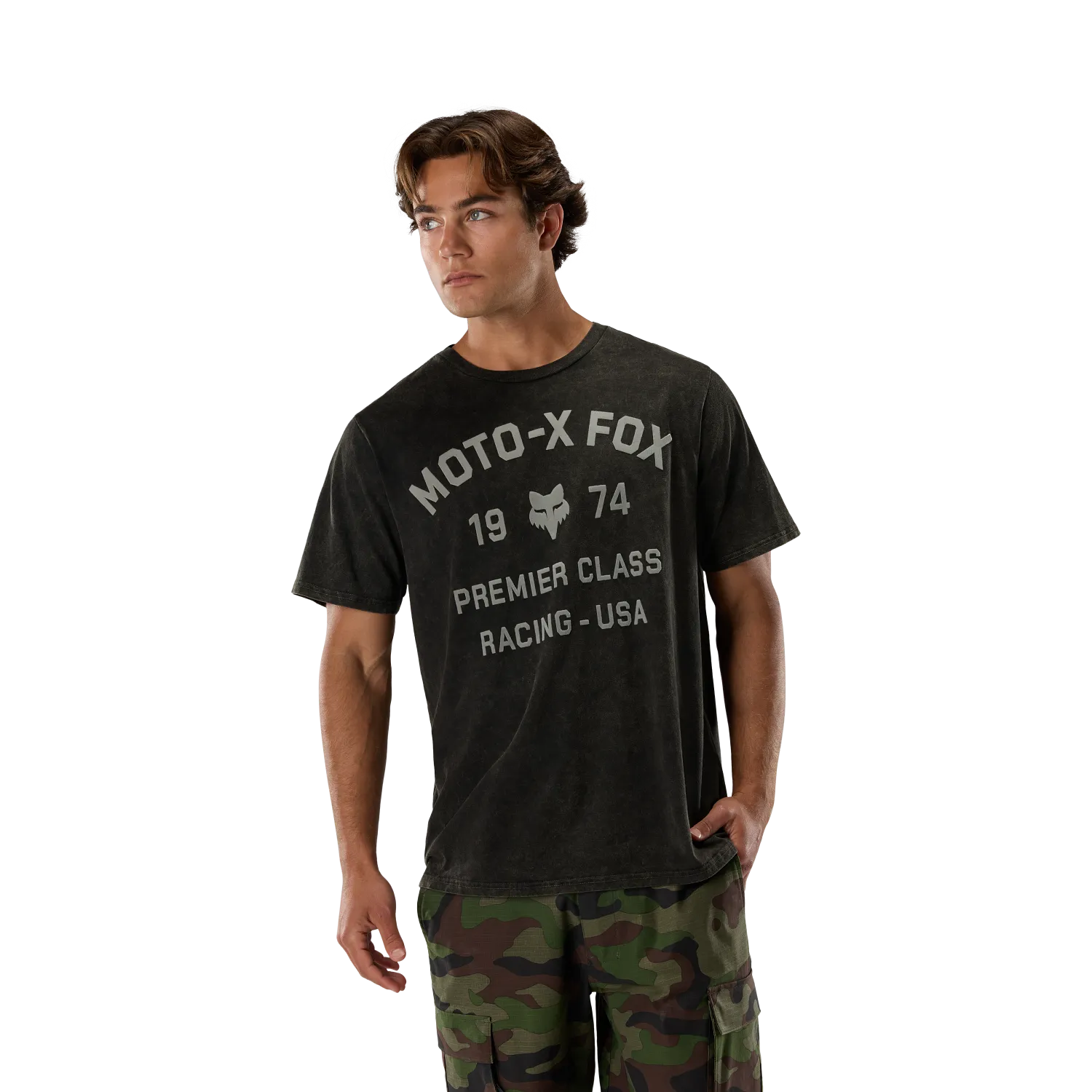 CIRCA 74 195 ORIGINAL SS TEE (DARK SHADOW) | Fox Racing model wearing oversized tee with graphic design.
