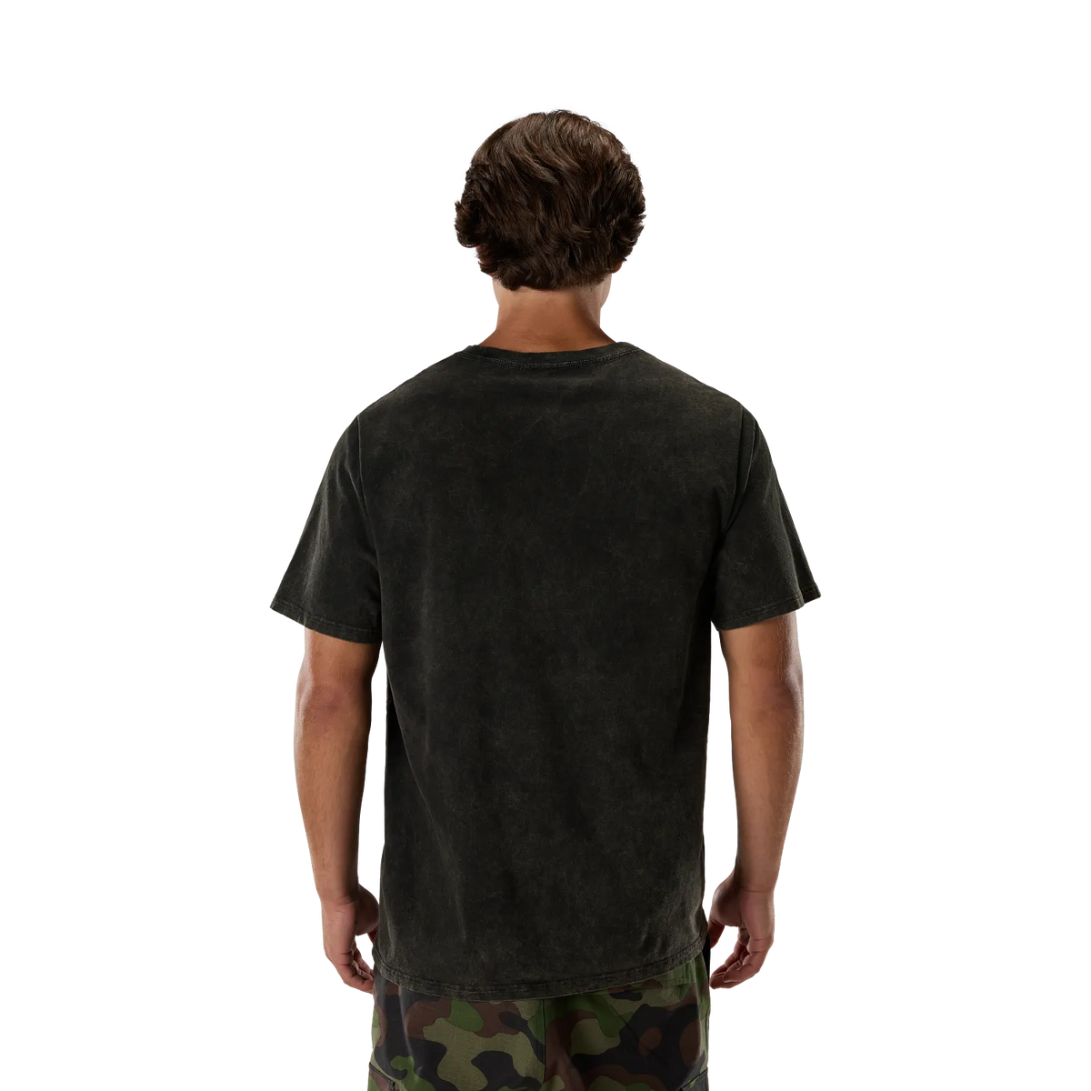 Back view of a man wearing the CIRCA 74 195 ORIGINAL SS TEE (DARK SHADOW) | Fox Racing, showcasing its oversized fit.