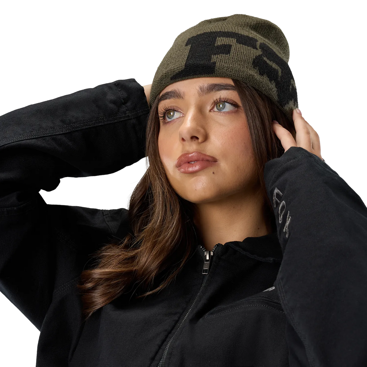 Model wearing FOXHEAD X JACQUARD BEANIE (OLV GRN) | Fox Racing, showcasing its stylish design and warmth.