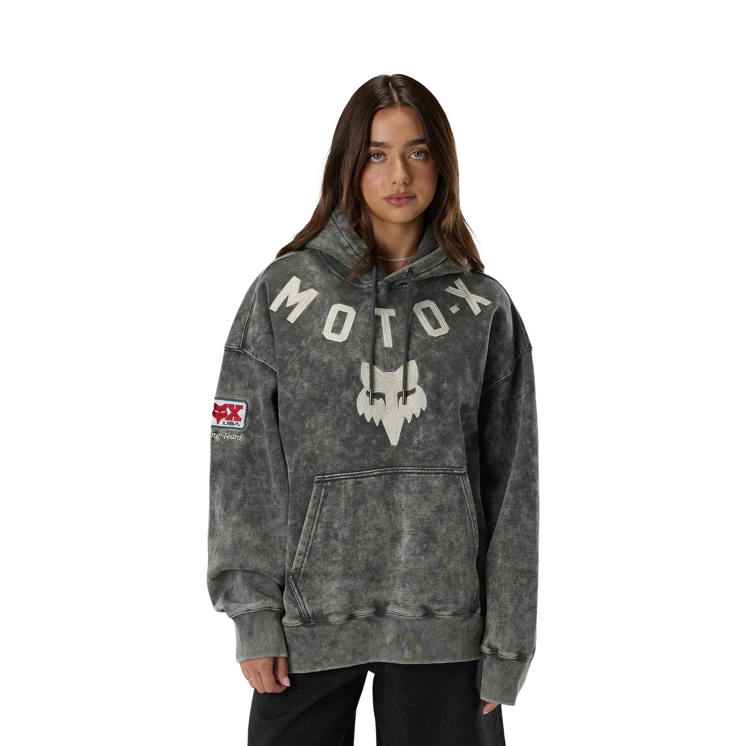 MOTO-X HEAVYWEIGHT FLC PO (DRK SHADOW) | Fox Racing model wearing oversized hoodie.