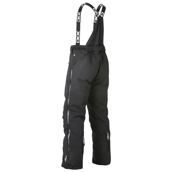 MENS ALASKA PANTS (BLACK) | CKX shown in side view highlighting full length side zippers and adjustable suspenders.