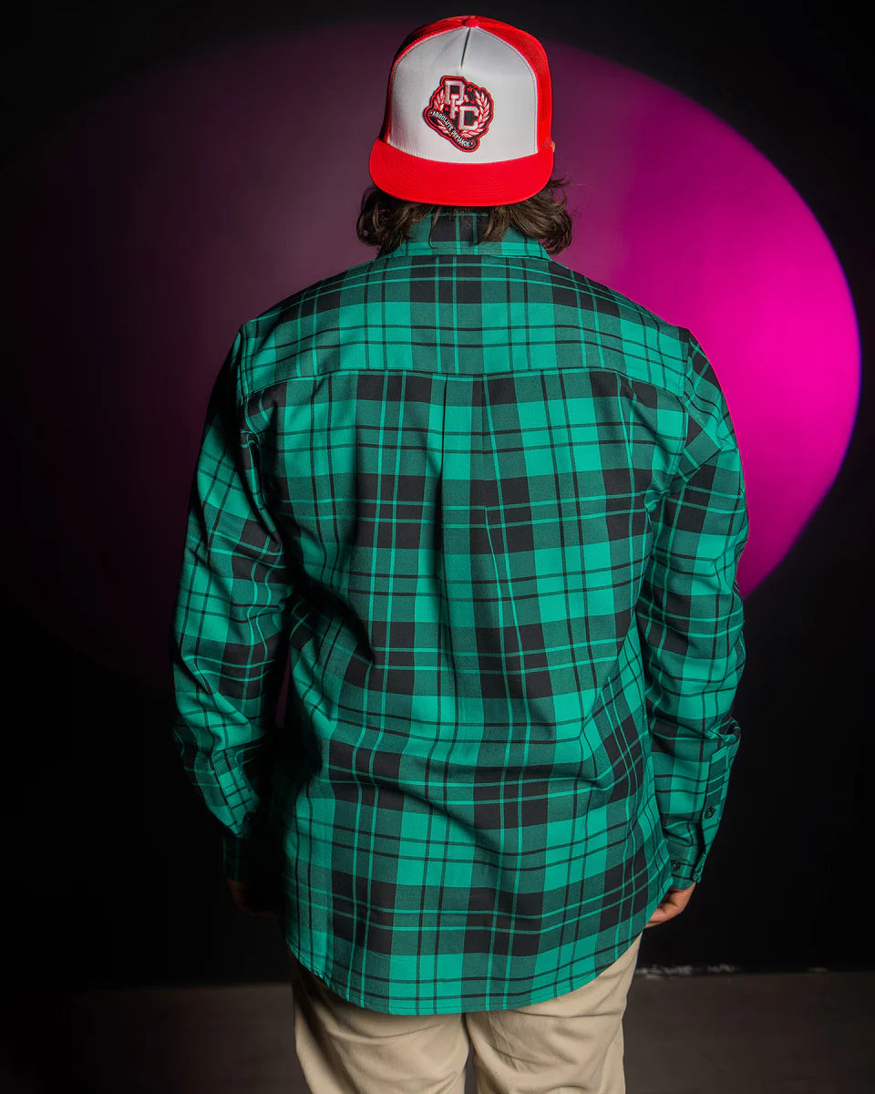 MEN'S BILL AND TED'S BOGUS FLANNEL (Green/Black) | DIXXON shown from the back, featuring a green and black plaid pattern.