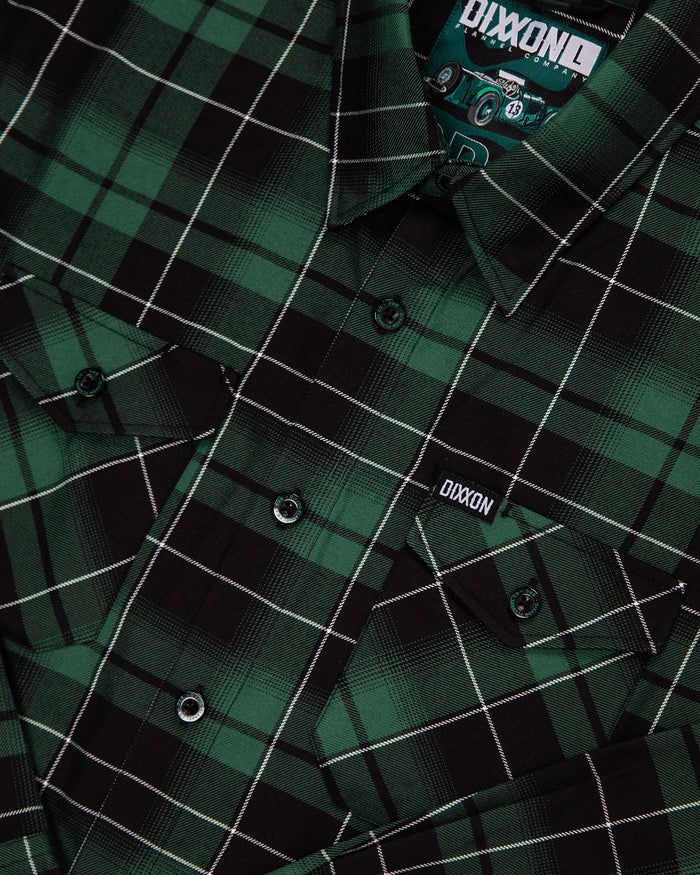 YOUTH BRG FLANNEL (Green/Black) | DIXXON close-up view of plaid pattern with button details and label