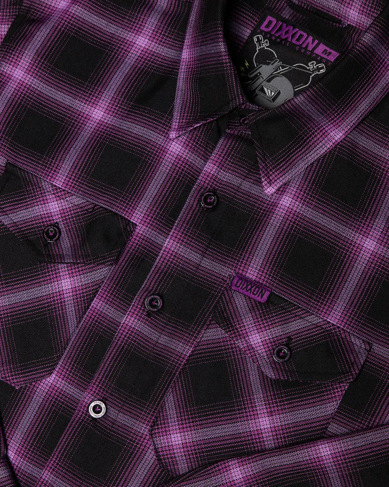 MEN'S ARGON FLANNEL (Purple/Black) | DIXXON black and purple plaid flannel shirt with button-up front and dual chest pockets.
